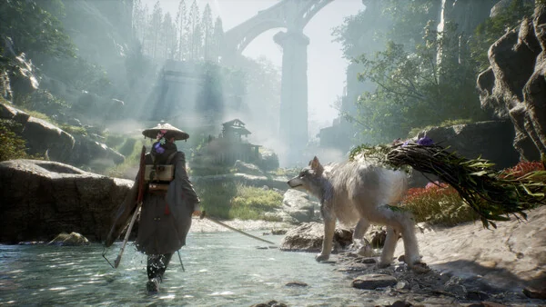 Emma stands beside Koo in a sunlit river valley in Beast of Reincarnation