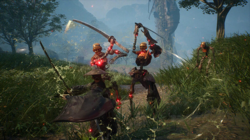 Emma confronts a group of armed mechanical enemies during real-time combat